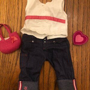 American Girl Outift including Jeans, Top, Purse & hair clip